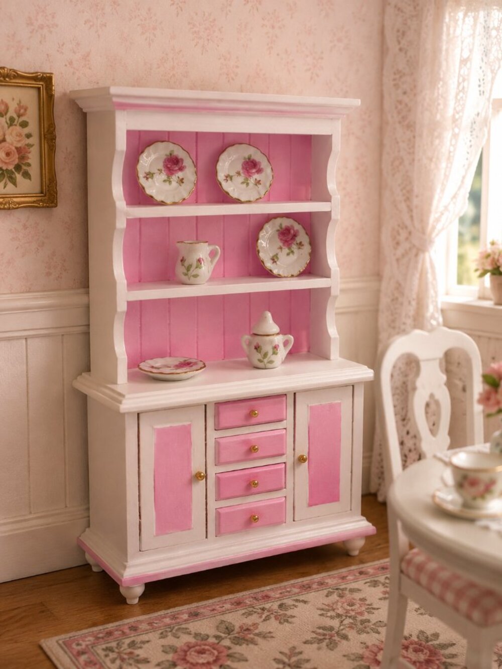 1:12 Dollhouse Miniature White Pink Hutch Cabinet Rose Dishes NEW